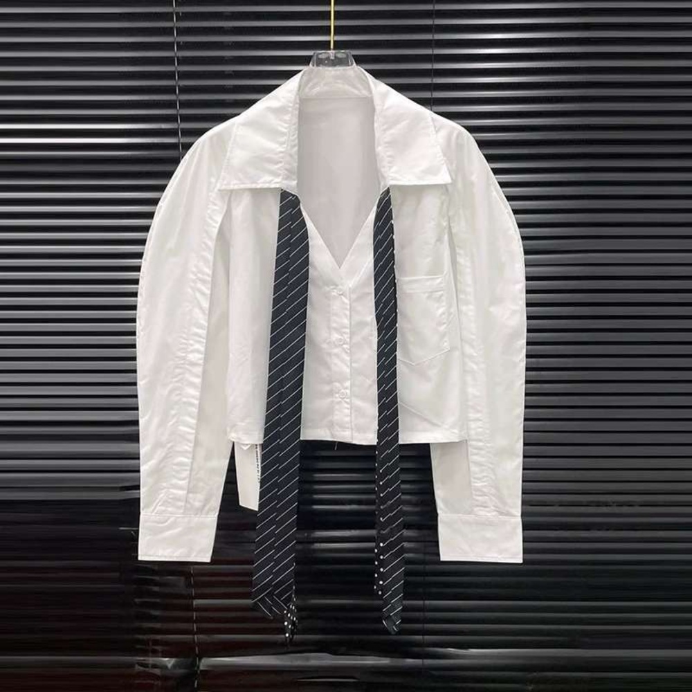 Elegant White Button Down Shirt with Black Striped Tie